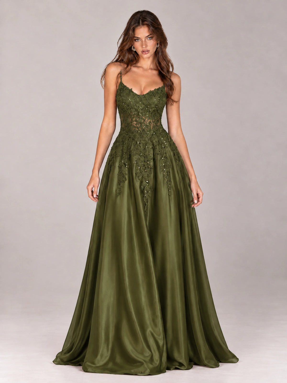 Lace Applique Satin A-Line Prom Dress with Sheer Bodice