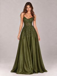 Lace Applique Satin A-Line Prom Dress with Sheer Bodice