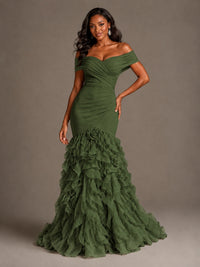 Pink Off-the-Shoulder Mermaid Prom Dress with Ruffles 3D Flowers