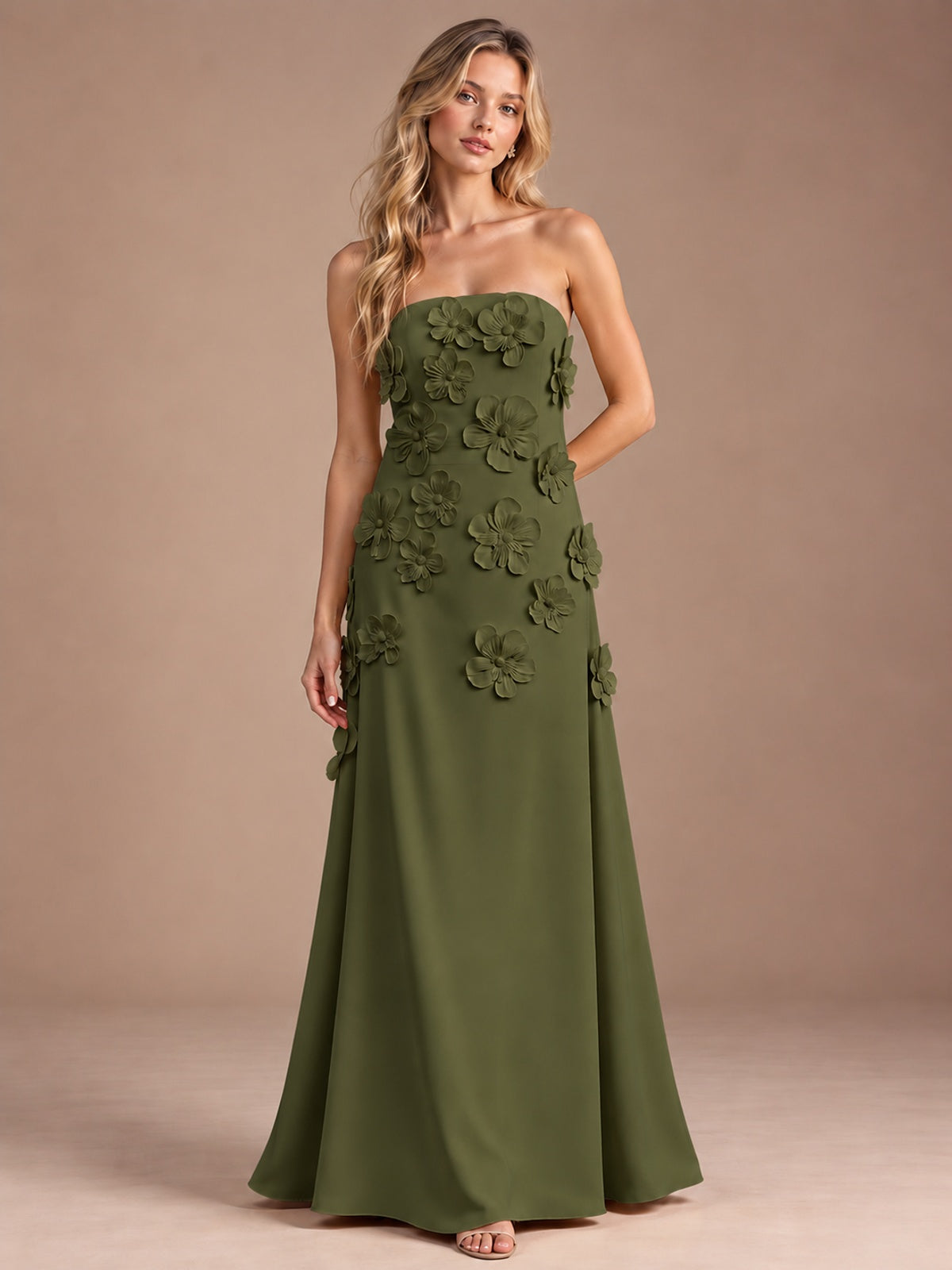 Olive Green-Strapless 3D Floral A-line Satin Prom Maxi Dress Formal Evening Gown