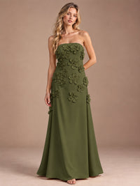 Olive Green-Strapless 3D Floral A-line Satin Prom Maxi Dress Formal Evening Gown