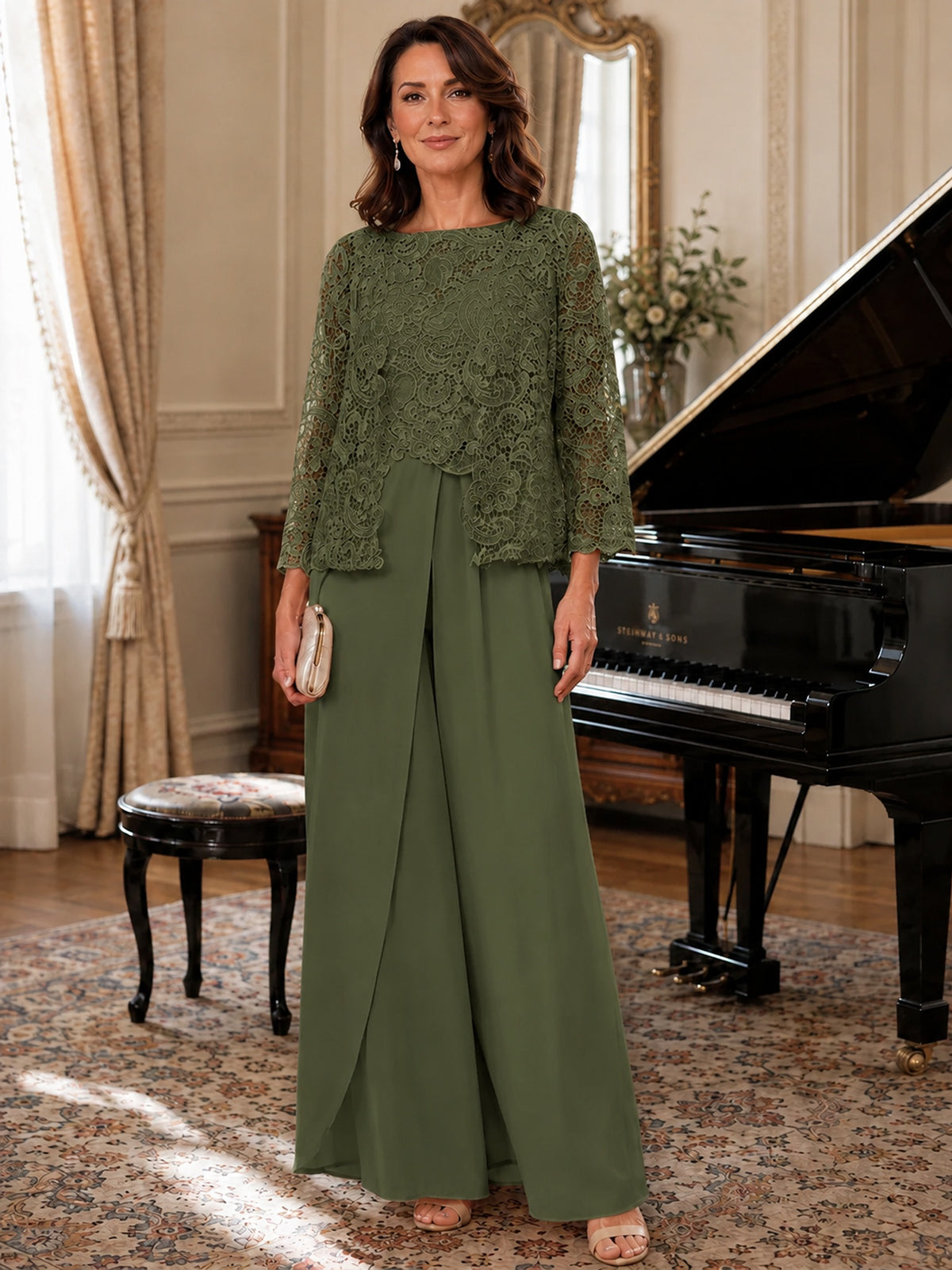 Elegant 3-Piece Chiffon Mother of the Bride Pantsuit with Floral Applique Jacket