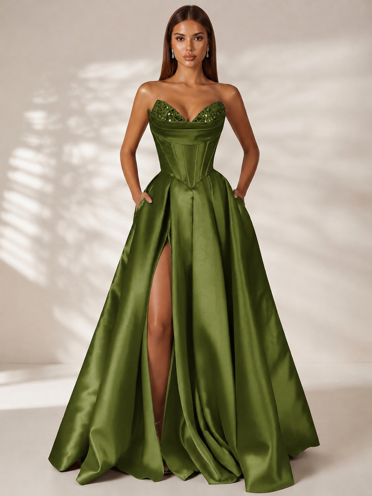 Olive Green Strapless Corset Satin Prom Dress Long Evening Gown with High Slit