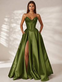 Olive Green Strapless Corset Satin Prom Dress Long Evening Gown with High Slit