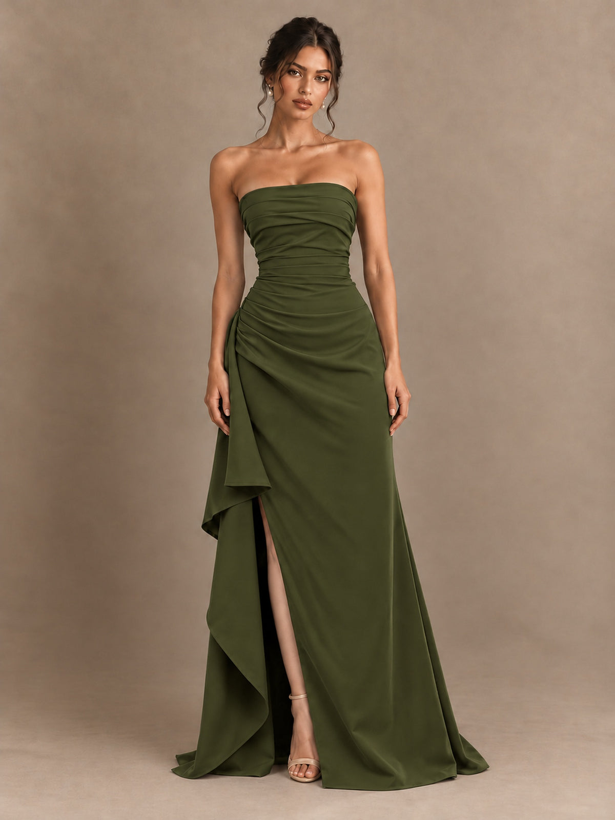 Black and White Strapless Ruched Prom Dress with High Slit & Side Drape