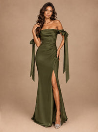 Off The Shuolder Satin Prom Dress Slit Mermaid Formal Gowns