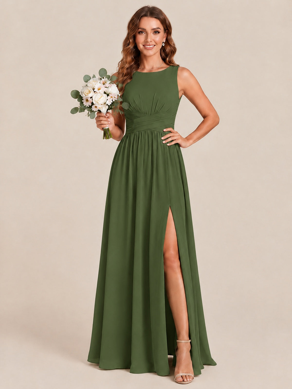A-line Sleeveless Rucehd Chiffon Bridesmaid Dress with High Slit