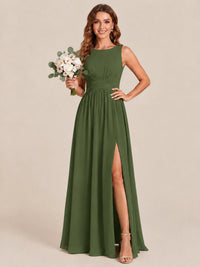 A-line Sleeveless Rucehd Chiffon Bridesmaid Dress with High Slit
