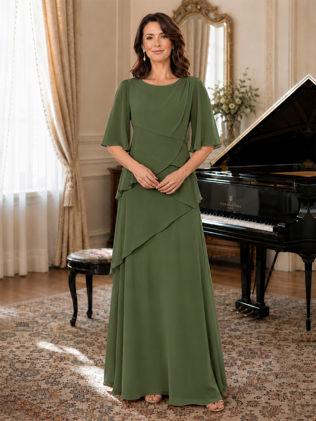 Asymmetric Draped Chiffon Mother of the Bride Dress with Flutter Sleeves