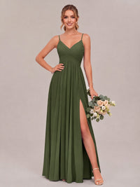Olive Green Spaghetti Straps Pleated Chiffon Bridesmaid Dress with Slit V-Neck A-line Long Formal Evening Wedding Guest Gown