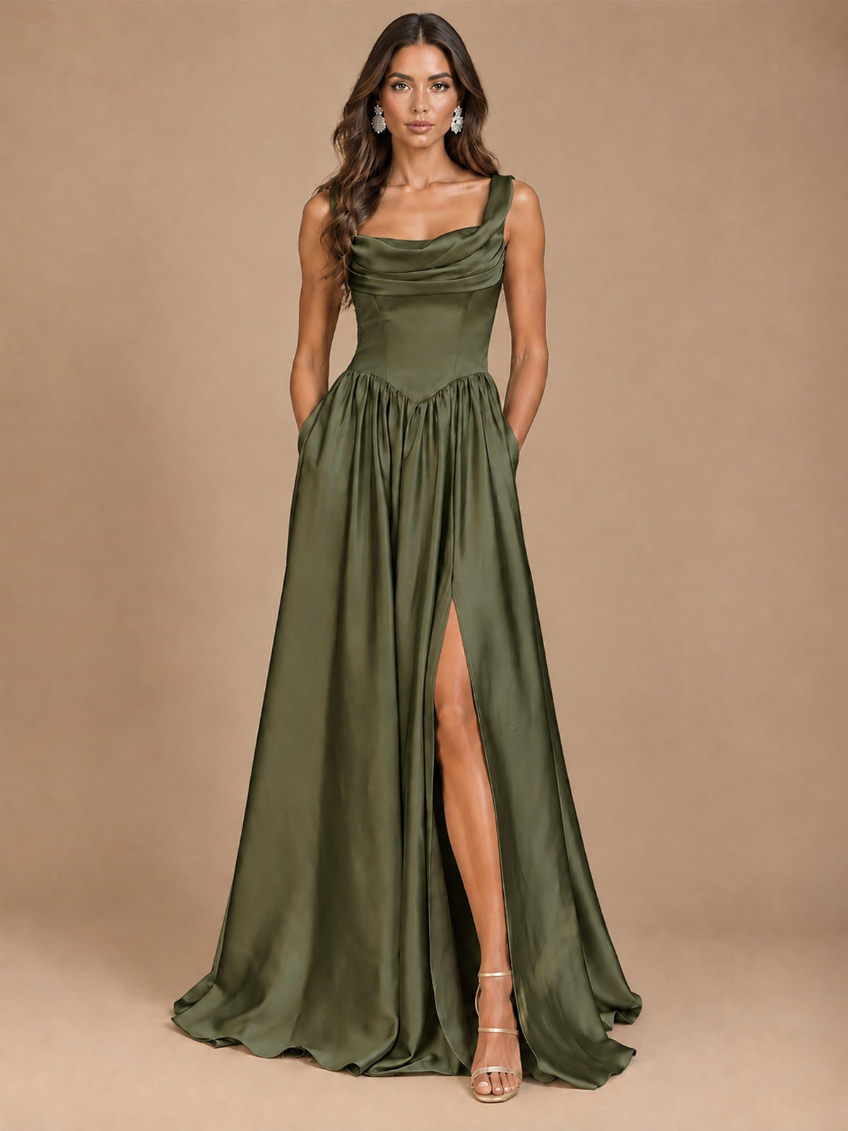 Cowl Neck Pleated Satin Prom Dress with Pockets & Slit Maxi Formal Gowns