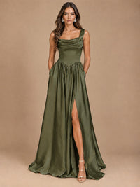 Cowl Neck Pleated Satin Prom Dress with Pockets & Slit Maxi Formal Gowns