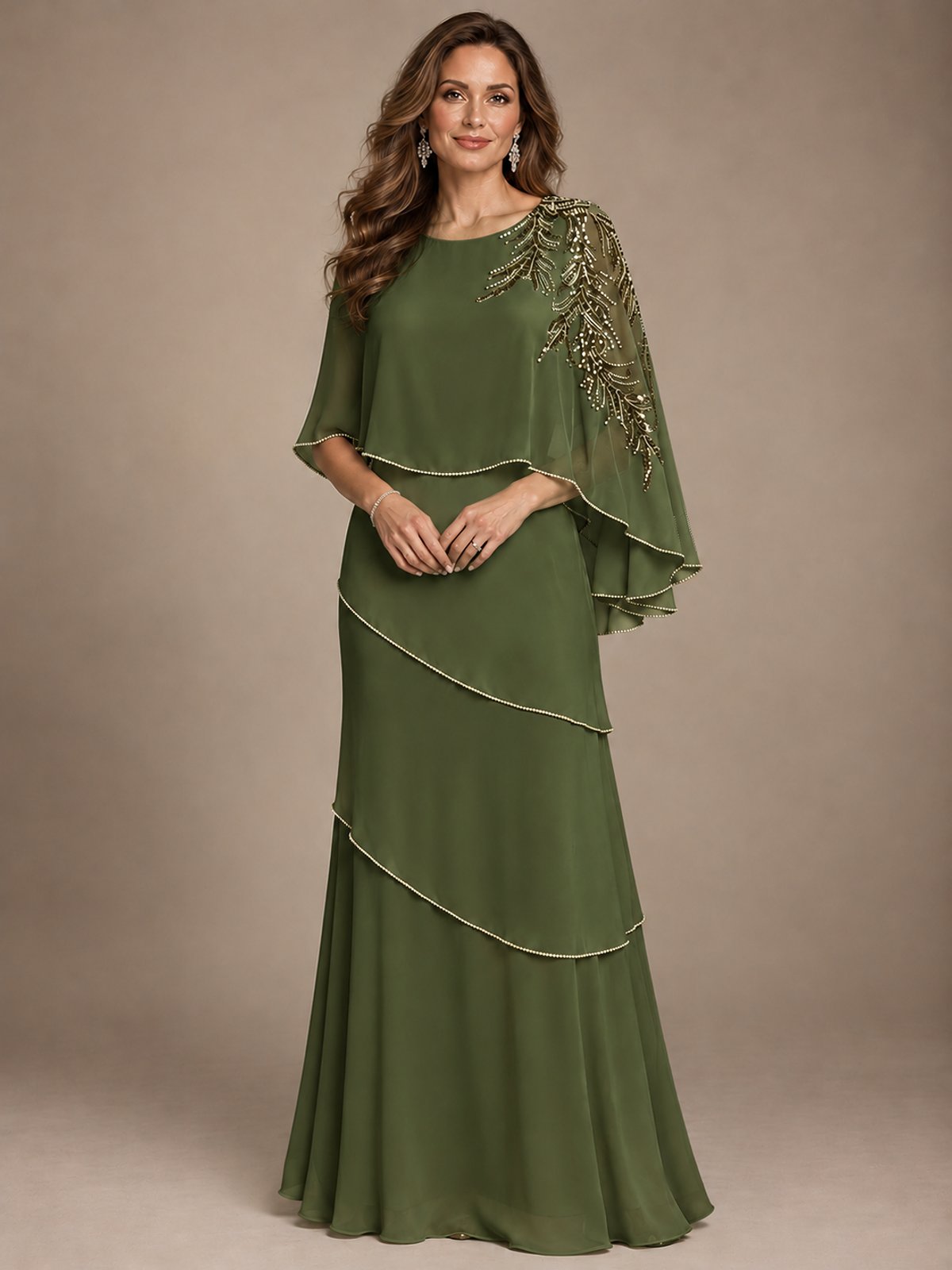 Elegant Chiffon Cape Sleeve Beaded Mother of the Bride Dress