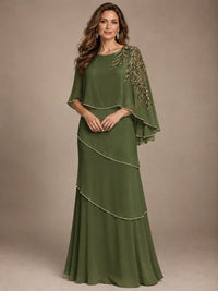 Elegant Chiffon Cape Sleeve Beaded Mother of the Bride Dress