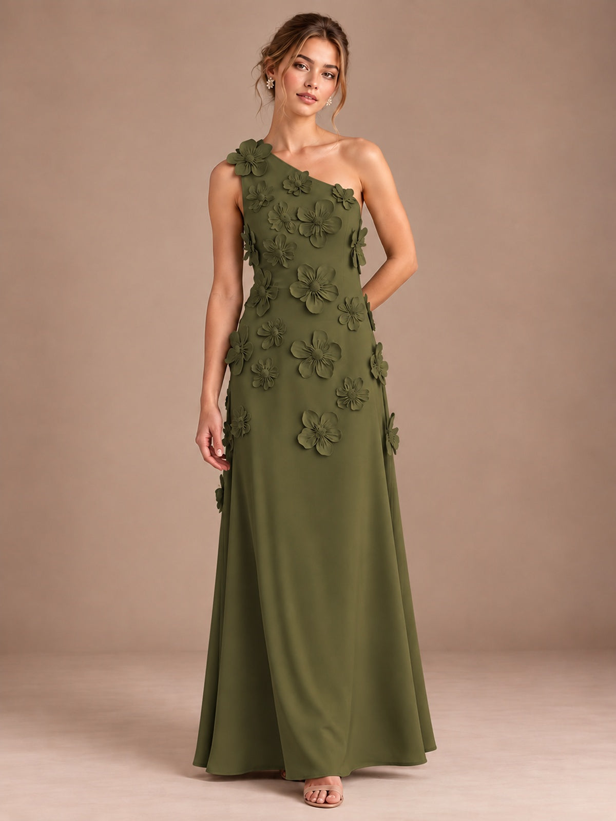Olive Green- One Shoulder Satin Formal Maxi Dress with 3D Floral