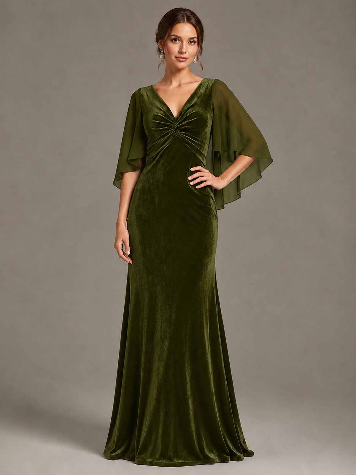 Navy Blue Velvet V Neck Mermaid Formal Dress with Flutter Cape Sleeves