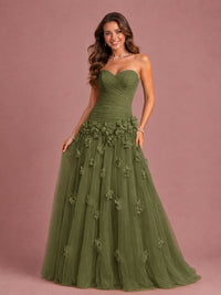 Blush Pink Strapless Sweetheart 3D Floral Tulle Ball Gown Prom Dres
