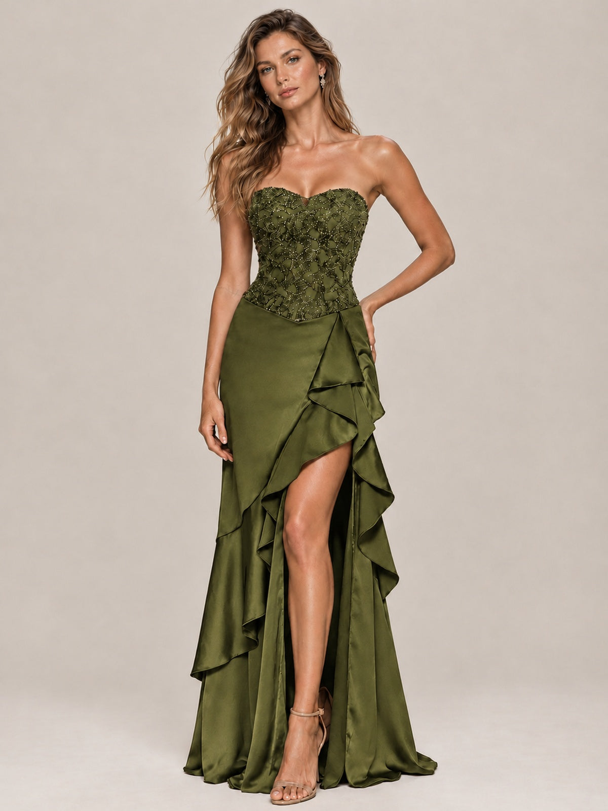 Strapless Lace Appliques Corset Satin Prom Dress Ruffle Slit Evening Gown