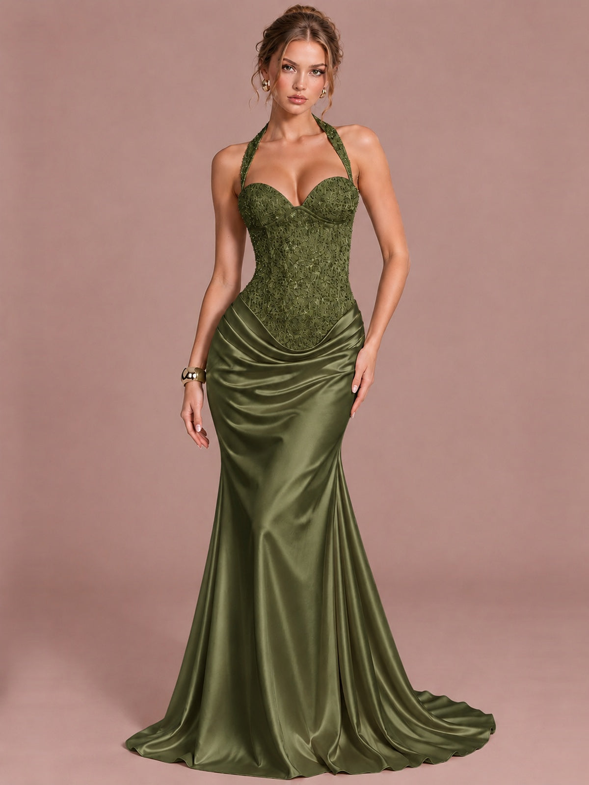 Olive Green Sparkling Halter Corset Satin Mermaid Prom Dress Long Ruched Sequin Formal Gown Evening Party Dress