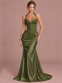Olive Green Sparkling Halter Corset Satin Mermaid Prom Dress Long Ruched Sequin Formal Gown Evening Party Dress