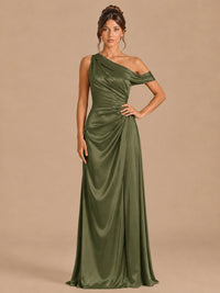 Olive Green-satin one shoulder prom dress ruched long formal gow Jovelle