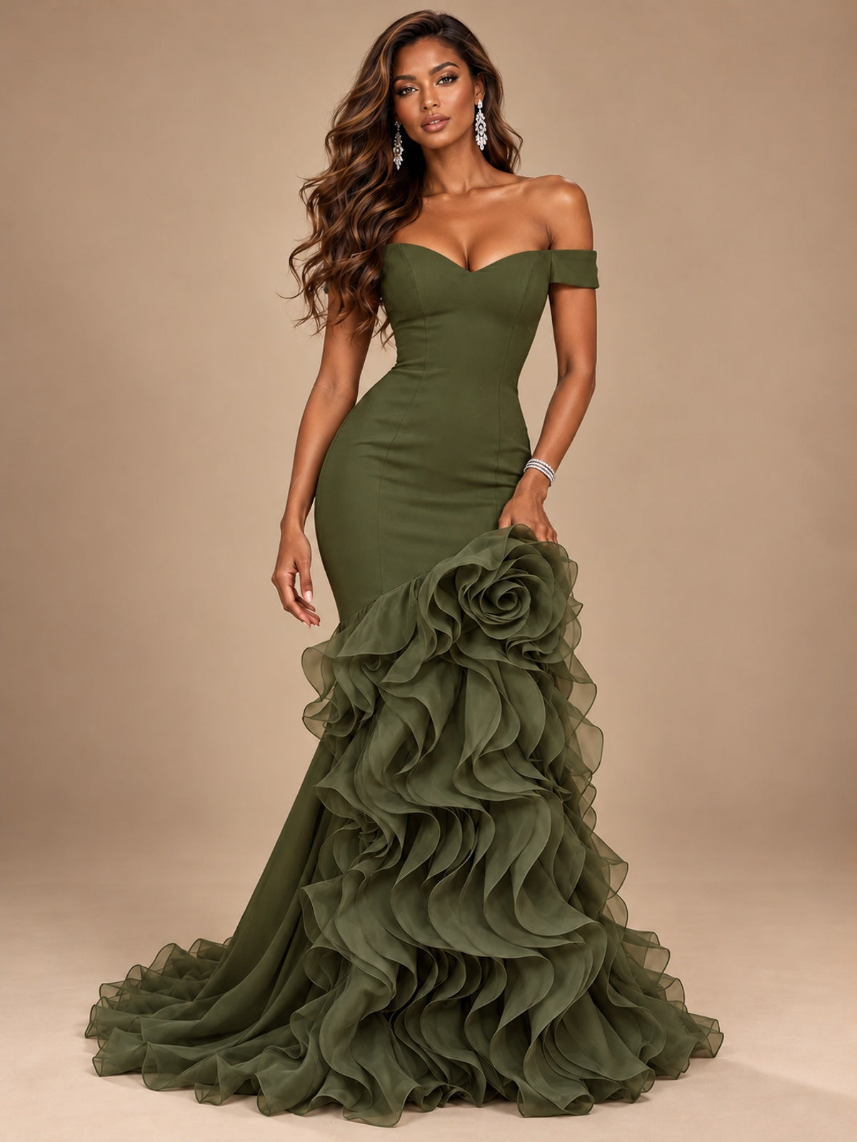 Dusty Blue Off-the-Shoulder Mermaid Prom Dress with 3D Rose & Ruffles