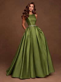 Satin A-Line Prom Dress Sleeveless Beaded Waist Formal Gown with Pockets
