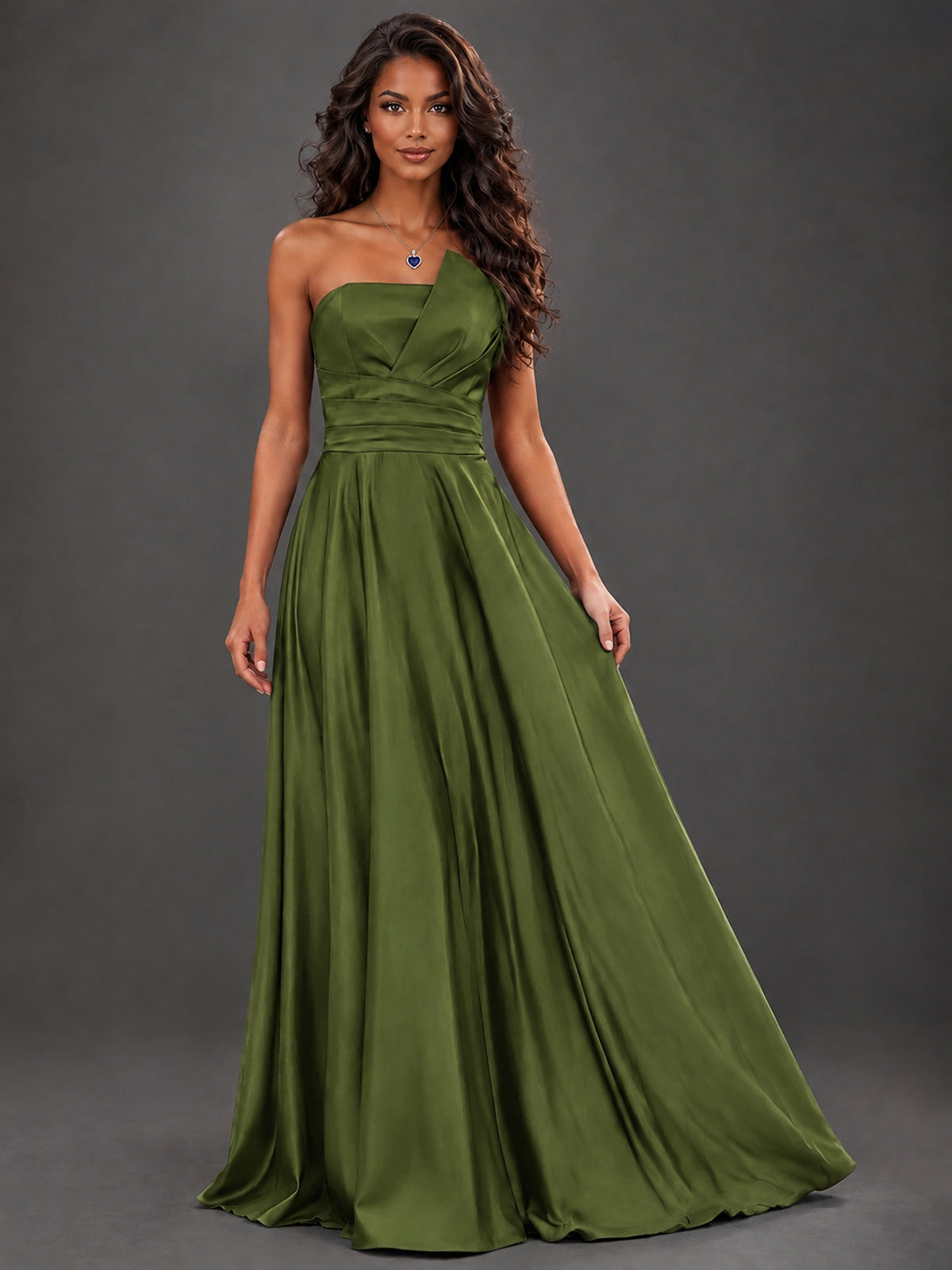Draped Satin Prom Dress Strapless A-line Formal Dress Floor Length