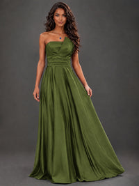 Draped Satin Prom Dress Strapless A-line Formal Dress Floor Length
