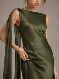 Burgundy Satin Mermaid Cape Maxi Dress