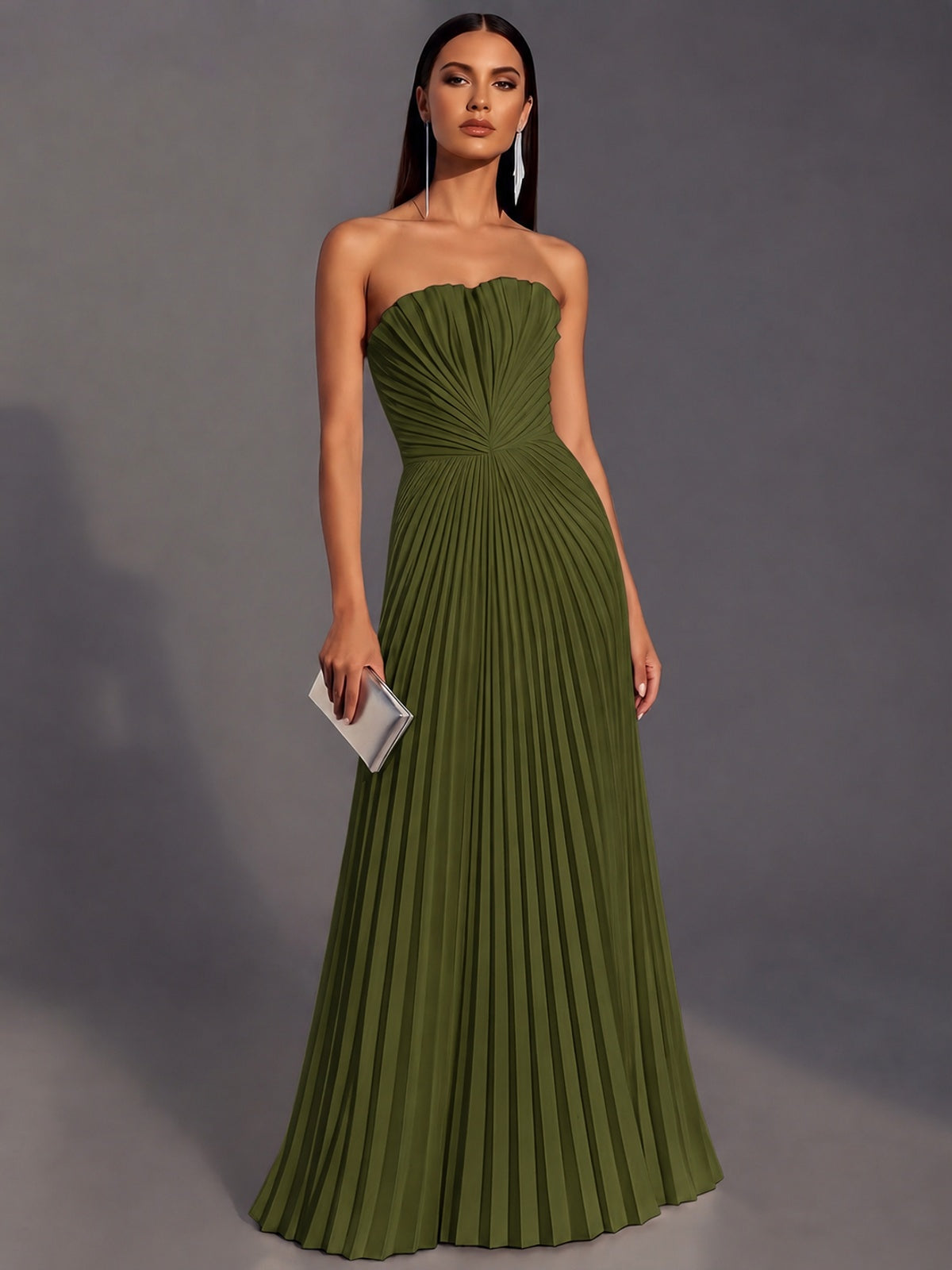 Olive Green Strapless Pleated Satin Prom Dress Long Formal Gown Evening Dress
