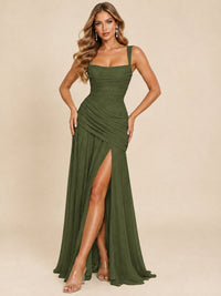 Wrap Pleated Prom Dress Scoop Neck with Slit Women Wedding Formal Dress