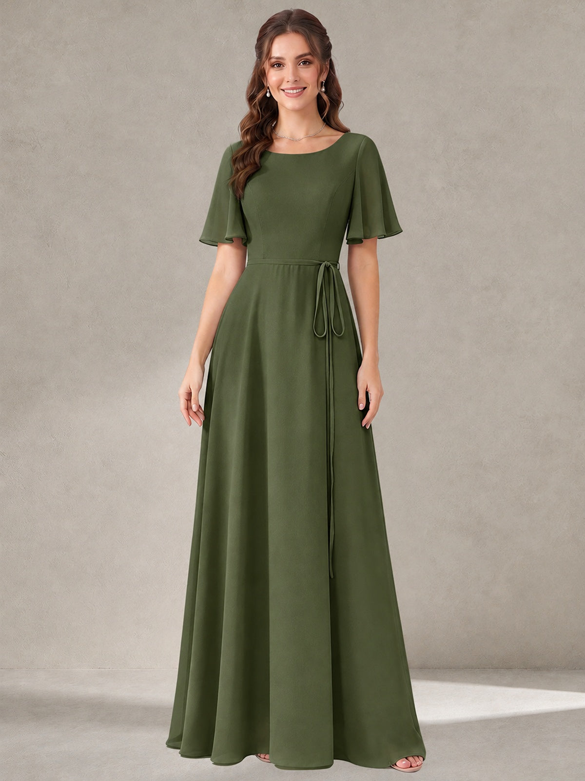 Olive Green Scoop Neck A-line Chiffon Bridesmaid Dress with Belt Flutter Sleeve Formal Wedding Guest Dress Evening Gown