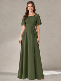 Olive Green Scoop Neck A-line Chiffon Bridesmaid Dress with Belt Flutter Sleeve Formal Wedding Guest Dress Evening Gown