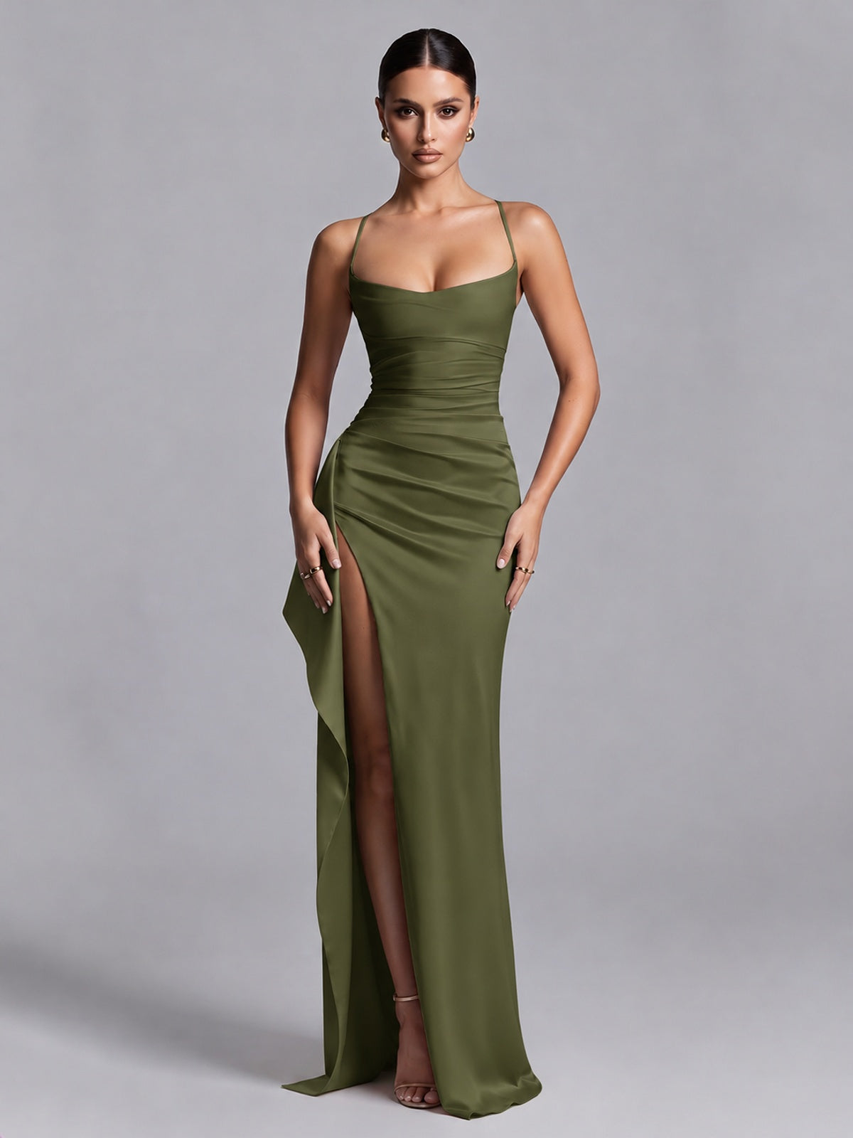 Olive Green Squre Neck Pleated Satin Prom Dresses for Teens Women Long Evening Formal Gown with Slit Ruffles