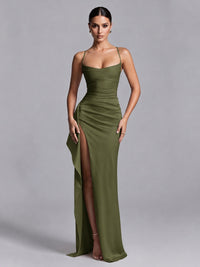 Olive Green Squre Neck Pleated Satin Prom Dresses for Teens Women Long Evening Formal Gown with Slit Ruffles