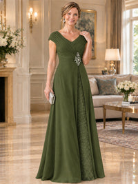 Pleated Chiffon Lace Mother of The Bride Dresses with Beading Cap Sleeves