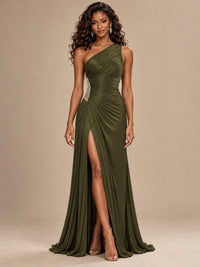 Burgundy One Shoulder Ruched Prom Dress with High Slit & Beaded Waist