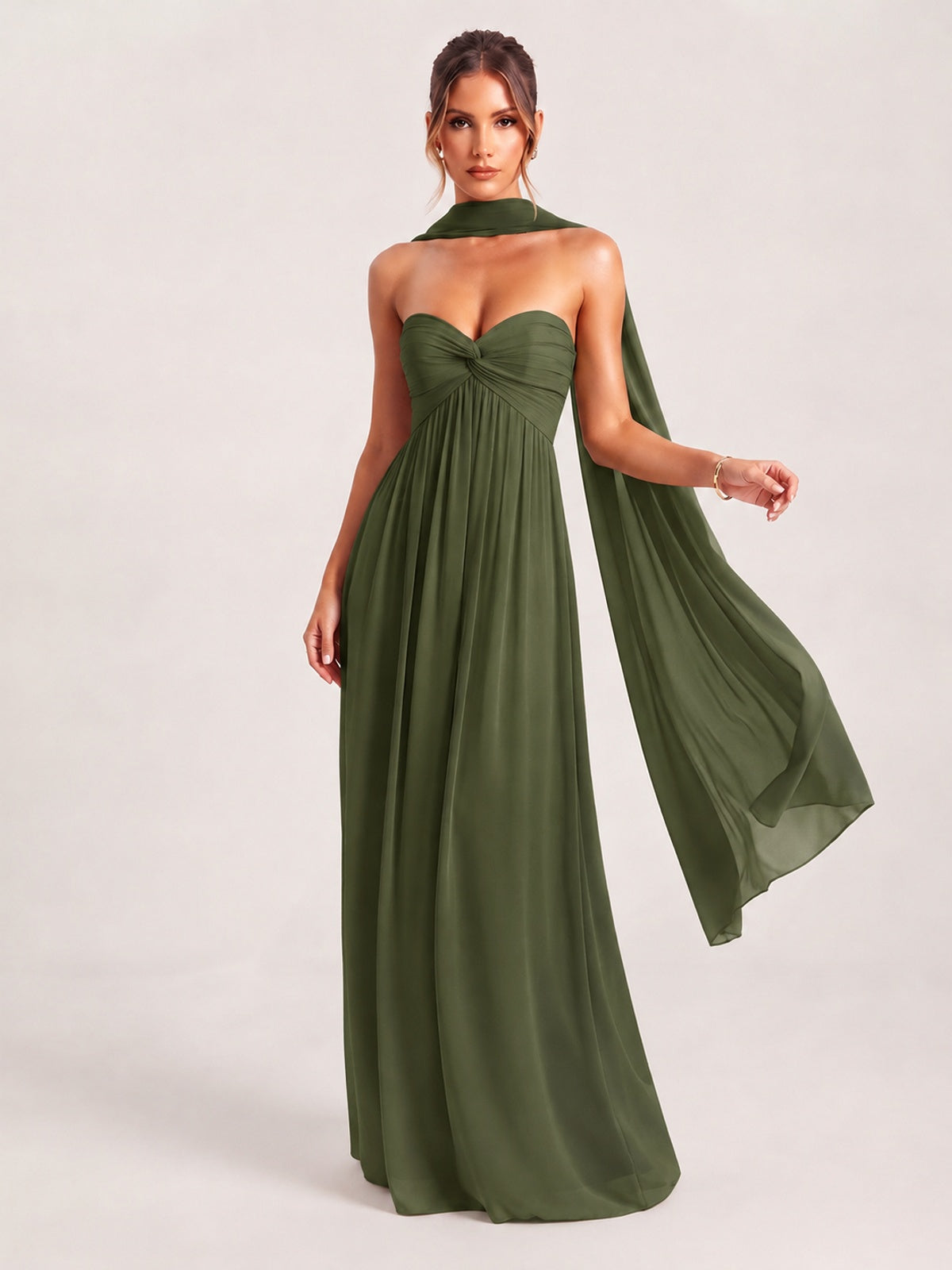 Olive Green Strapless Ruched Chiffon Long Prom Dress with Scarf A-line Sweetheart Ruffled Formal Wedding Guest Dress Evening Gown