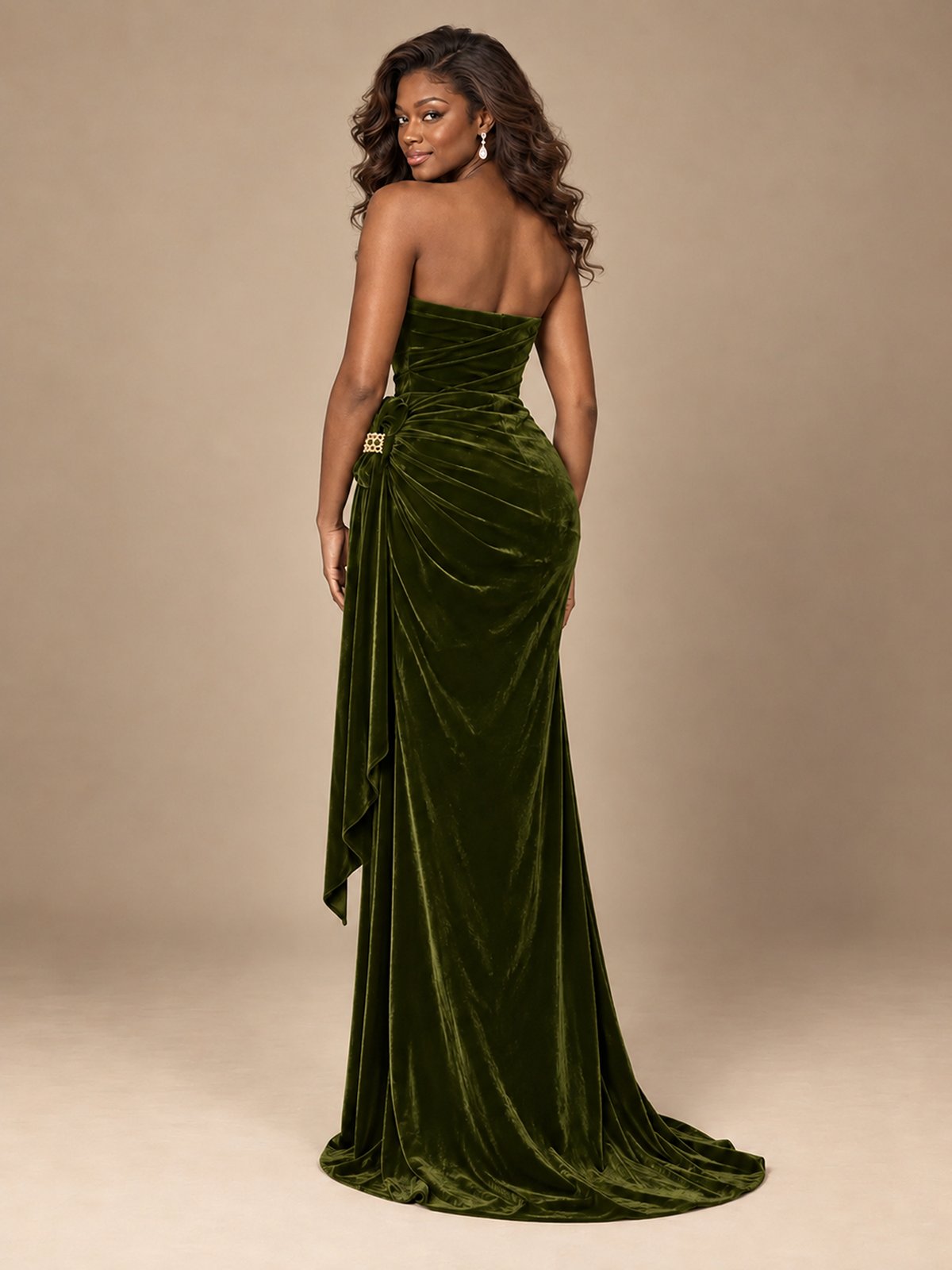 Burgundy Velvet Strapless Ruched Prom Dress with Jeweled Side Drape