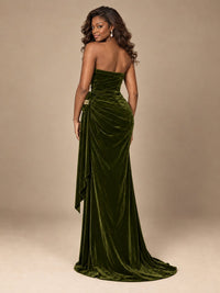 Burgundy Velvet Strapless Ruched Prom Dress with Jeweled Side Drape