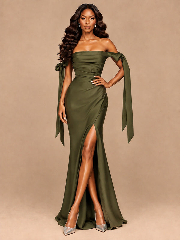 Olive Green-Ruched Satin Prom Dresses with Slit Mermaid Wedding Formal Dress