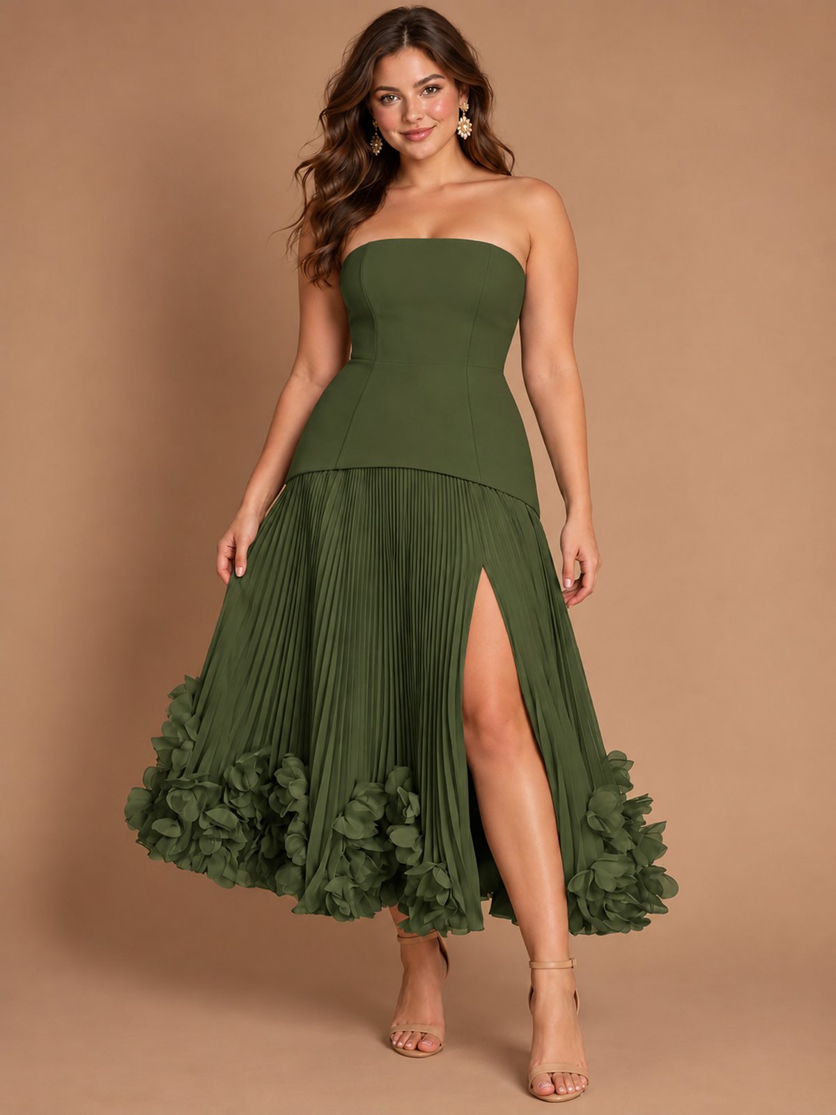 Navy Blue Strapless Pleated A-Line Midi Dress with 3D Floral Applique