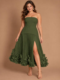 Navy Blue Strapless Pleated A-Line Midi Dress with 3D Floral Applique