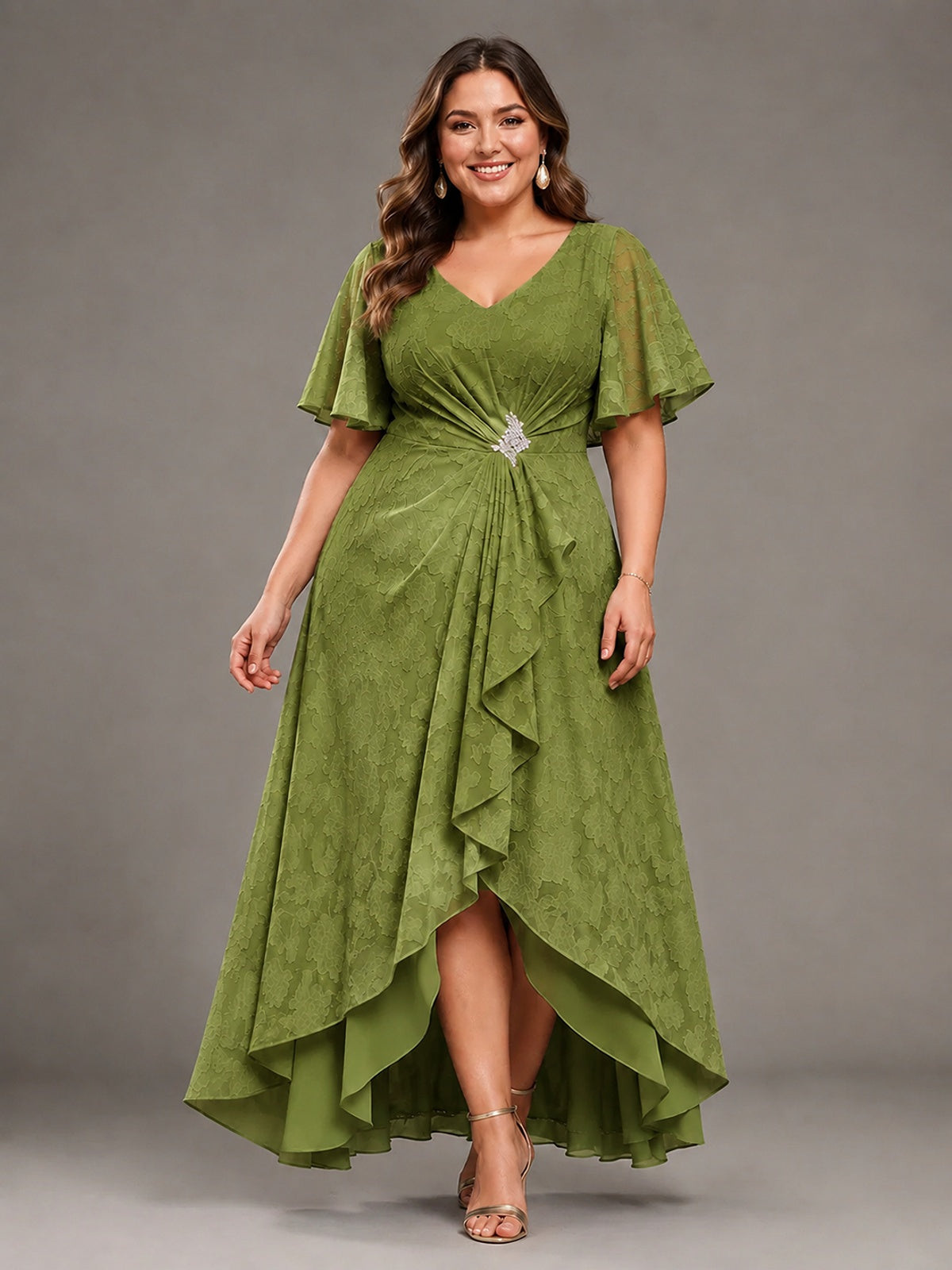 Jacquard Chiffon A-Line V-Neck High-Low Mother of the Bride Dress