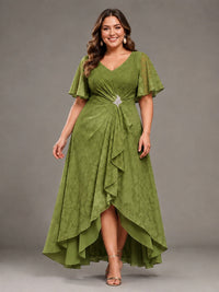 Jacquard Chiffon A-Line V-Neck High-Low Mother of the Bride Dress