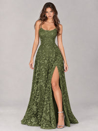 Floral Lace A-Line Prom Dress with Spaghetti Straps & High Slit