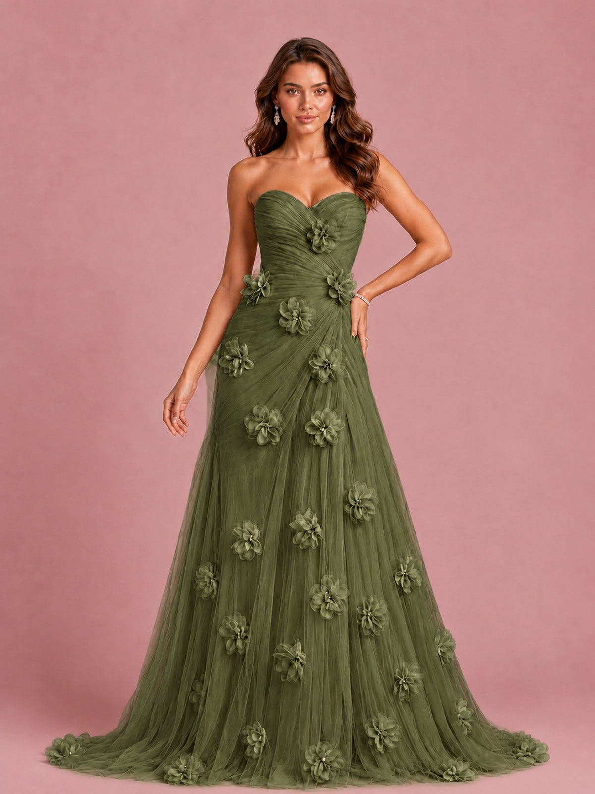 3D Floral Applique Strapless Tulle Prom Dress with High Slit