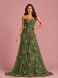 3D Floral Applique Strapless Tulle Prom Dress with High Slit