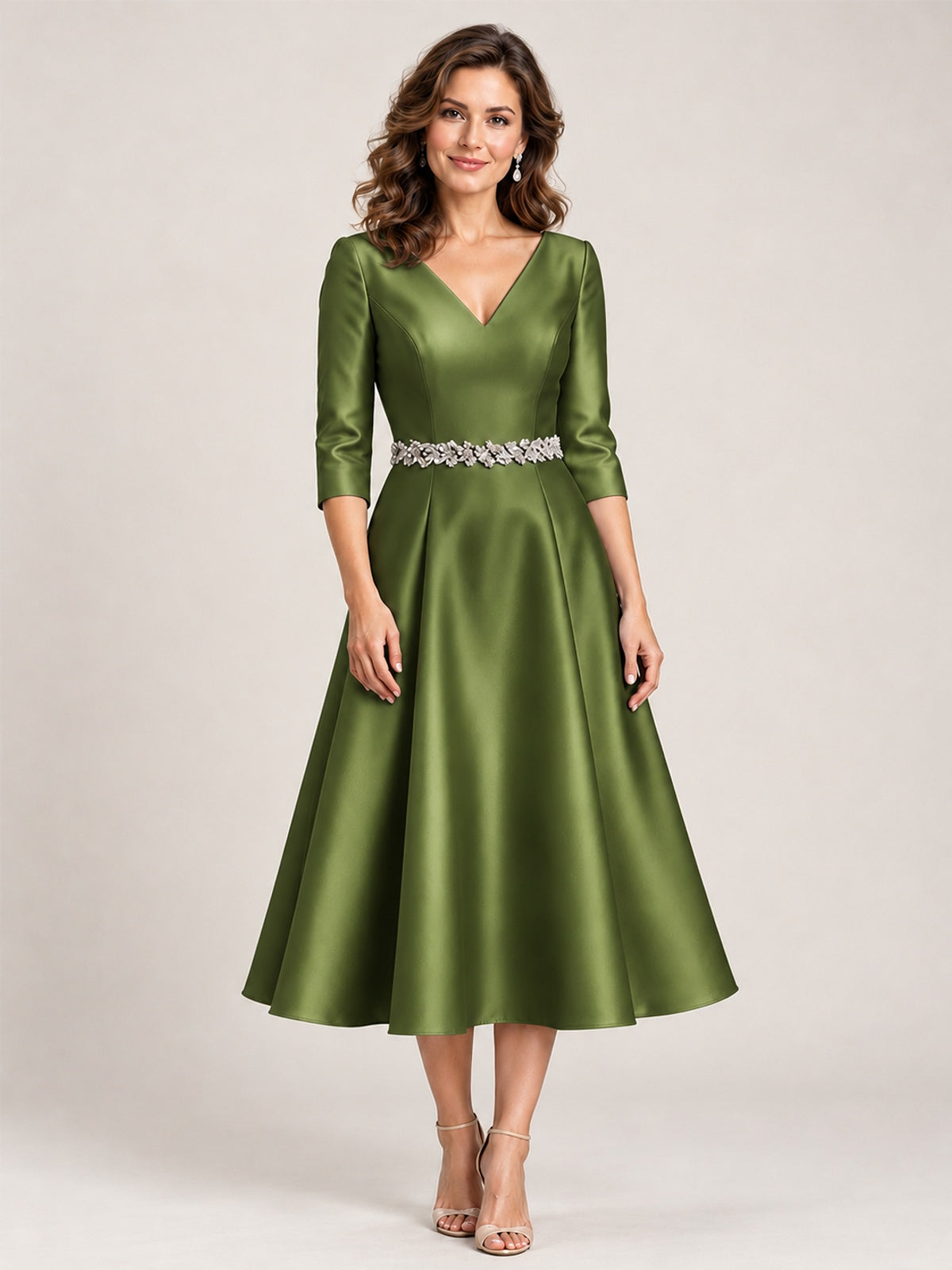 Olive Green V-Neck Tea-Length Mother of the Bride Dress with Embellished Waist